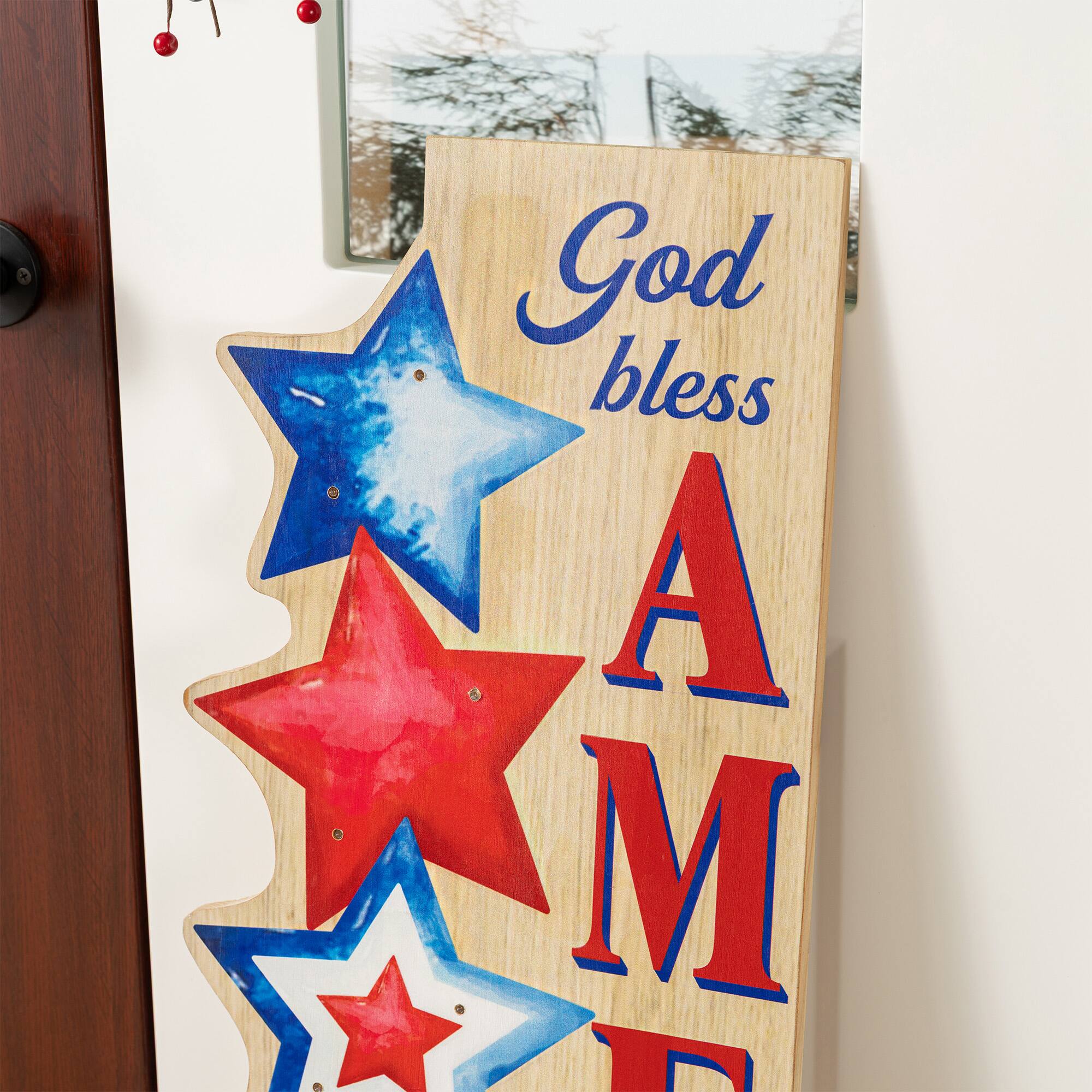 Glitzhome® 42" Lighted Patriotic Americana Wooden Stacked Stars Porch Sign with Timer
